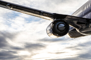 Jet engine of airplane on sunset in the sky