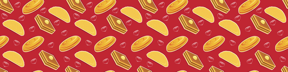 Novruz seamless background with sweets, pastry. baklava, shekerbura and qoqal, traditional bakery for Novruz 
