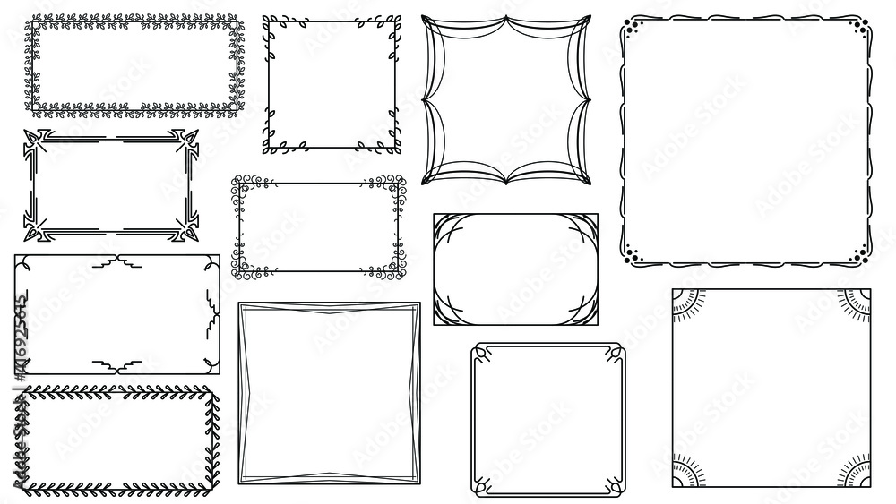 Poster set black simple line frame collection doodle square floral frame elements vector design style sketc