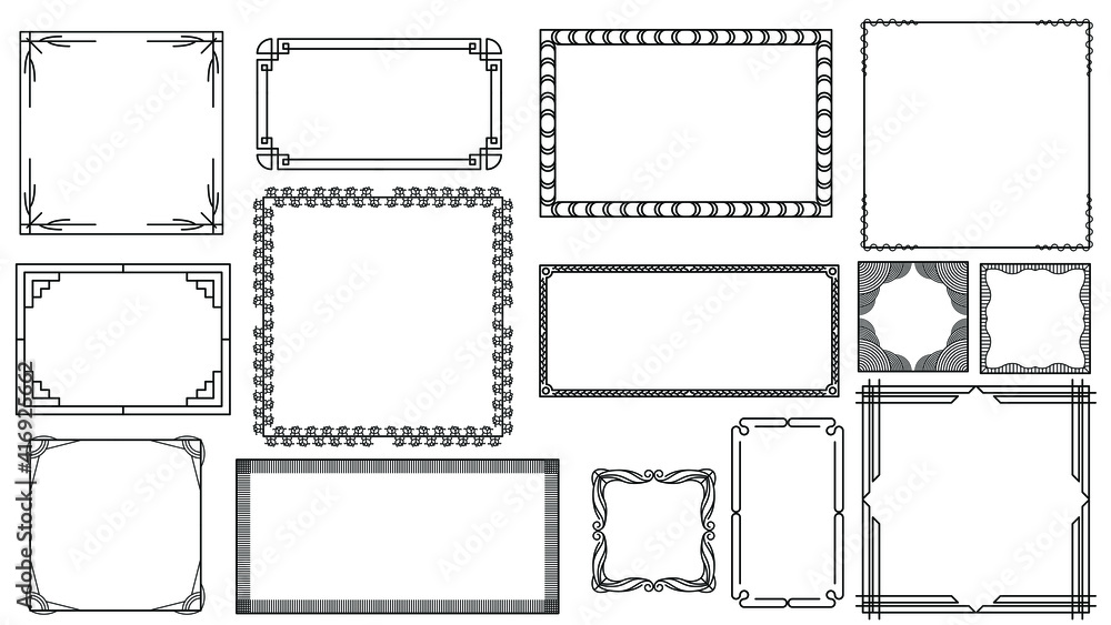 Poster set black simple line frame collection doodle square floral frame elements vector design style sketc
