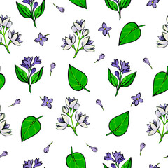 Seamless pattern with purple lilac flowers and white jasmine flowers and green leaves on a white background. Flowers painted in gouache. Floral seamless print.