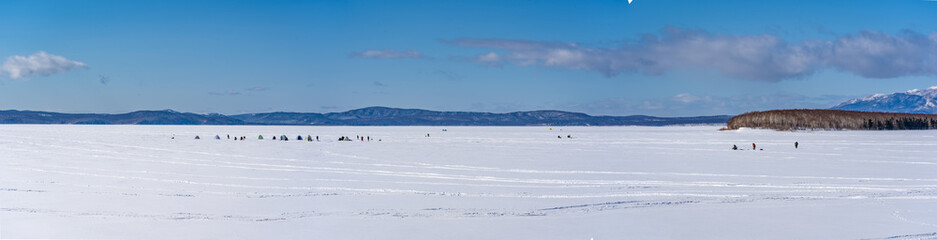 Winter sea covered with ice. Panorama
