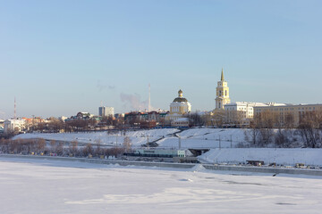 View of the embankment in the center of Perm with the building of the Cathedral of the Transfiguration of the Savior Cathedral in which the Perm State Art Gallery is located.