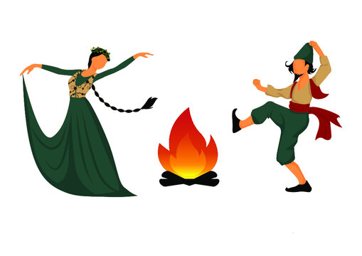 vector illustration for Novruz, Characters dancing around bonfire, Nevruz, Navruz, Novruz Bayrami, Kosa and Bahar