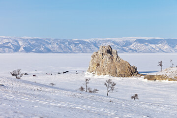 Fototapeta na wymiar Baikal Lake on sunny winter day. View from the coast of Olkhon Island to the snowy frozen Small Sea Strait, the famous Shamanka Rock and tourists traveling on ice in cars. Beautiful winter landscape