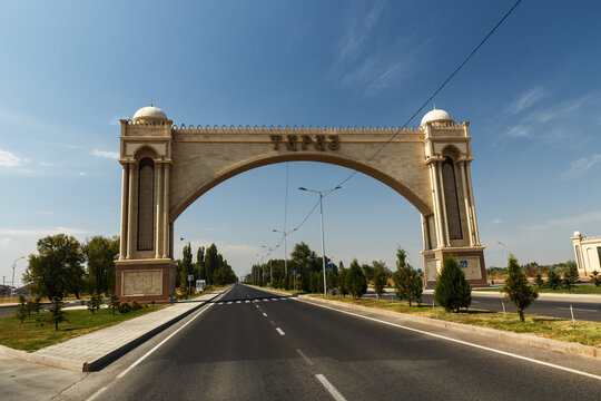 Taraz, Kazakhstan - September 14, 2019: Entrance arch to the city of Taraz. Entry into the city.