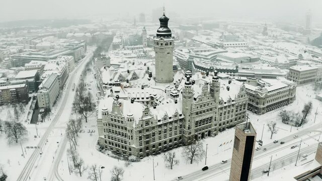 Top panoramic view over city centre and the New Town Hall (Neues Rathaus) Leipzig in Saxony, Germany during winter