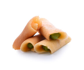 Pancake Rolls Stuffed with Pandan and Vanilla Custard "Tokyo Sweets" isolated on white background, Clipping path.