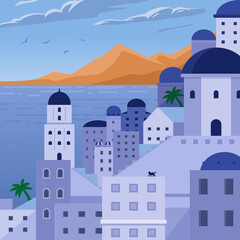 Greek Islands. View of typical greek island architecture on blue sky, sea and mountain. Vector Illustration