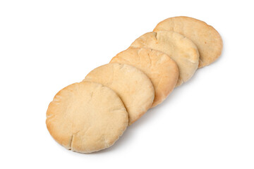 Row of fresh baked pita bread isolated on white background