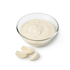 Glass bowl with garlic sauce isolated on white background