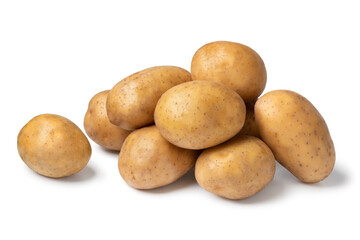 Heap of fresh raw Nicola potatoes isolated on white background