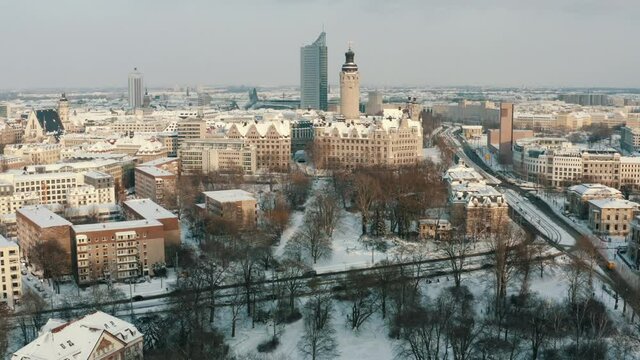 Top panoramic view over Leipzig in Saxony, Germany during winter