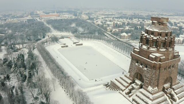 Top aerial panoramic view at the Monument to the Battle of the Nations (V&ouml;lkerschlachtdenkmal) in Leipzig, Saxony, Germany during winter