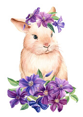 Spring bunny with purple flowers on white isolated background, watercolor illustration, digital poster
