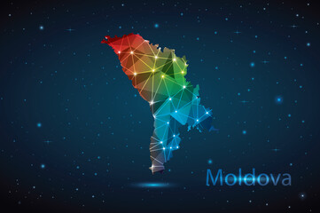 Abstract Polygon Map of Moldova. Vector Illustration Low Poly Color Rainbow on Dark Background.