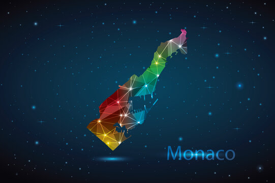 Abstract Polygon Map of Monaco. Vector Illustration Low Poly Color Rainbow on Dark Background.