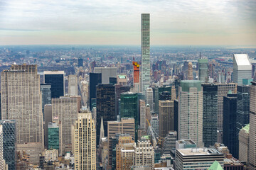 Aerial view of New York City Manhattan  with skyscrapers and streets.