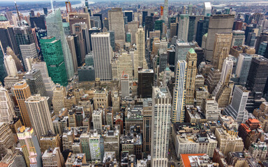 Aerial view of New York City Manhattan  with skyscrapers and streets.