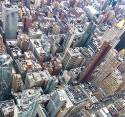 Aerial view of New York City Manhattan  with skyscrapers and streets.