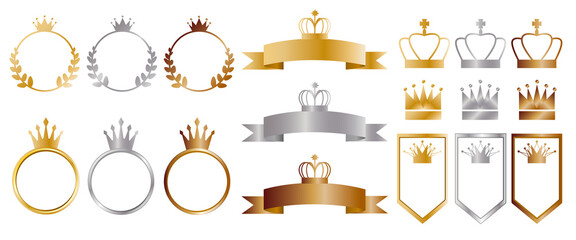 Set of advertising elements. Gold, silver and bronze decorative icons for advertisement, sales promotion, web and banner design. Vector illustration. ベストセラーデザイン素材、セールスプロモーションデザイン素材、ゴールド、シルバー、ブロンズアイコン
