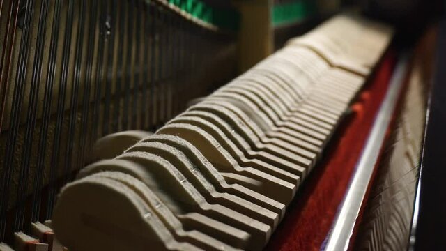 Inside of a piano. Details inside of the piano with hummers and strings.