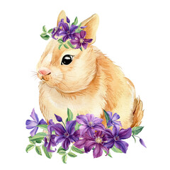 Spring bunny with purple flowers on white isolated background, watercolor illustration, digital poster