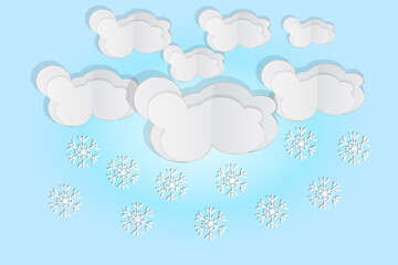 Paper cut clouds with snowflakes on blue sky background. Origami art snowing season. Forecast concept with snow from the cloudy sky. Paper sky. Winter time. Weather forecast. Stock vector illustration
