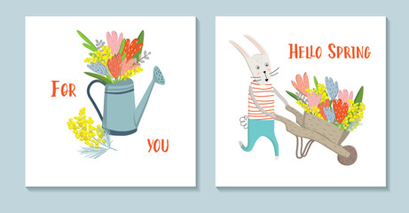 Fototapeta na wymiar Set of spring cards. Hi spring. Beautiful bouquet in a garden watering can. For you. The bunny is carrying a cart with spring flowers. Bright vector illustration