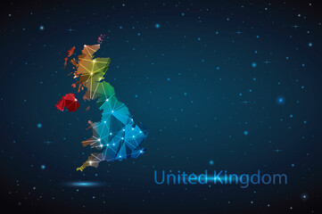 Obraz na płótnie Canvas Abstract Polygon Map of United Kingdom. Vector Illustration Low Poly Color Rainbow on Dark Background.