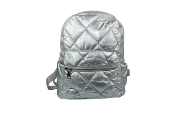 Backpack of silver color on a white background isolate. Small bag with zip front in faux leather and fabric. Urban casual backpack front view.