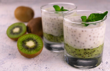 Yogurt with kiwi and chia seeds on a white plate.