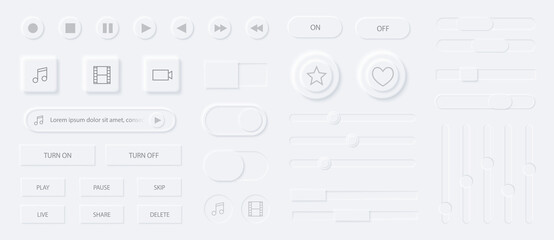 Neumorphism media player interface elements set. Modern web or mobile app design. Audio video player application. Volume control buttons, knobs. Minimal style neumorphism. Neumorphic UI UX interface.