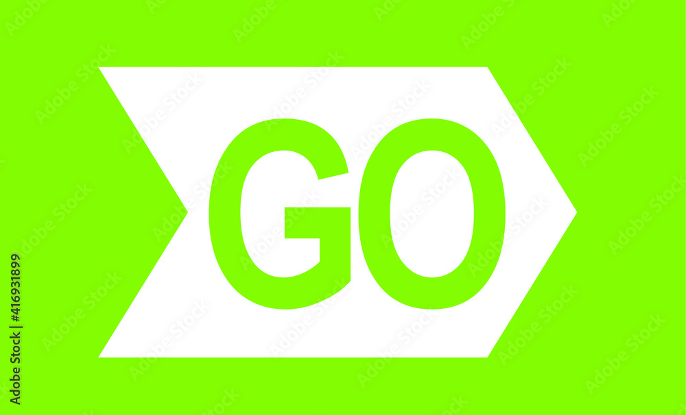Poster go white word text written on top of direction arrow pointing right ahead on green background as mot