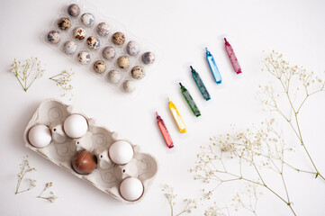 Happy Easter 2021. Preparing for Easter. White eggs and colorants. Paint eggs.