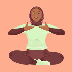 Abdominal Breathing. Young woman wearing burqa or paranja practice deep breathing. Breath Awareness Yoga Exercise. Vector flat cartoon Illustration.