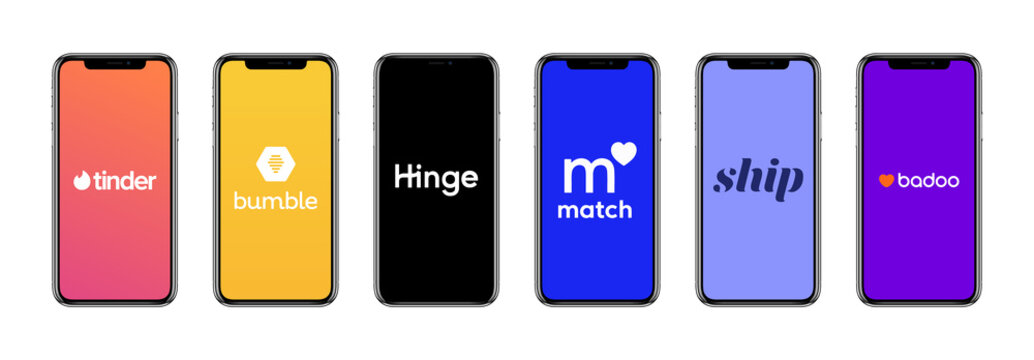 Top Dating Apps. Collection of Dating App Logos Splash Screens on iPhone Mockup. Tinder Logo, Bumble, Hinge, Match