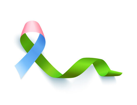 Symbol of rare disease, realistic pink, green, blue ribbon. Template for awareness day on 28 february isolated over white background, vector illustration.