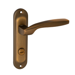 Frosted door handle of a square shape on a plank with a twist mechanism in red color on a white background