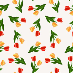 Vector tulips with leaves seamless pattern.