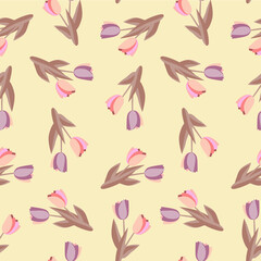 Vector tulips with leaves seamless pattern.