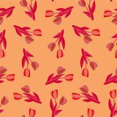 Vector tulips with leaves seamless pattern.