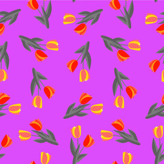 Vector tulips with leaves seamless pattern.
