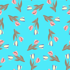 Vector tulips with leaves seamless pattern.