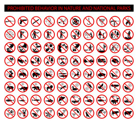 Set of 80 prohibition signs for national park. Prohibited behavior in nature and national parks.