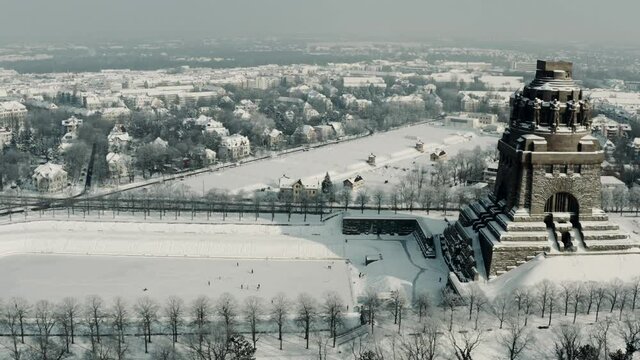 Top aerial panoramic view at the Monument to the Battle of the Nations (V&ouml;lkerschlachtdenkmal) in Leipzig, Saxony, Germany during winter