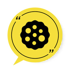 Black Cookie or biscuit with chocolate icon isolated on white background. Yellow speech bubble symbol. Vector.