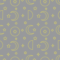 Monochrome seamless pattern with yellow moon and stars on gray background. Stock vector illustration.