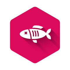 White Dried fish icon isolated with long shadow background. Pink hexagon button. Vector.