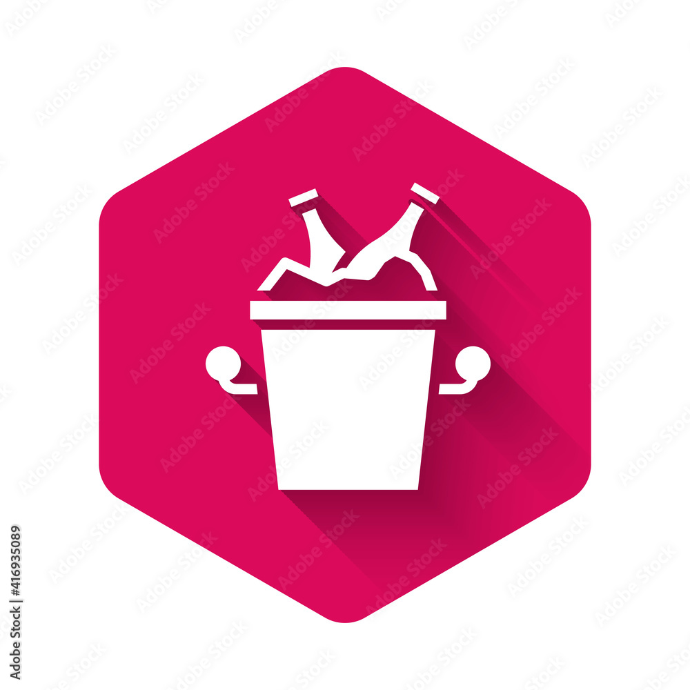 Poster white beer bottles in ice bucket icon isolated with long shadow background. pink hexagon button. vec